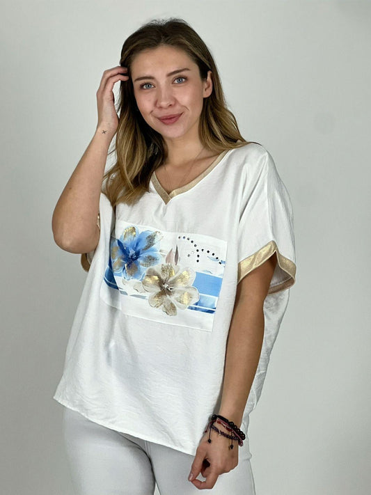 Polera Italiana  Diseño Camelias Doradas