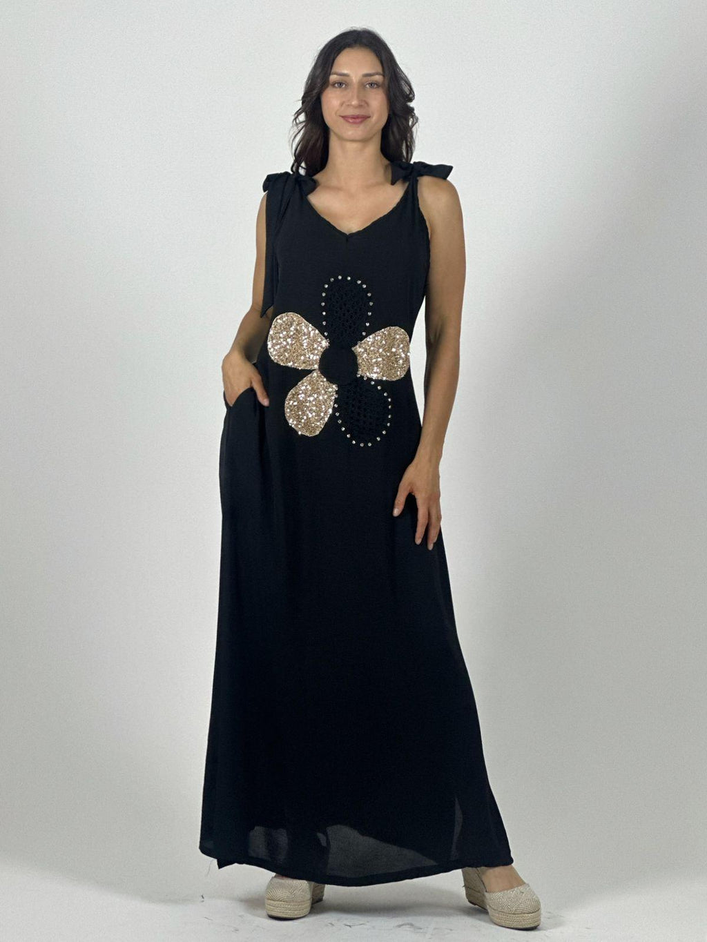 Vestido Lino Flor Brillos