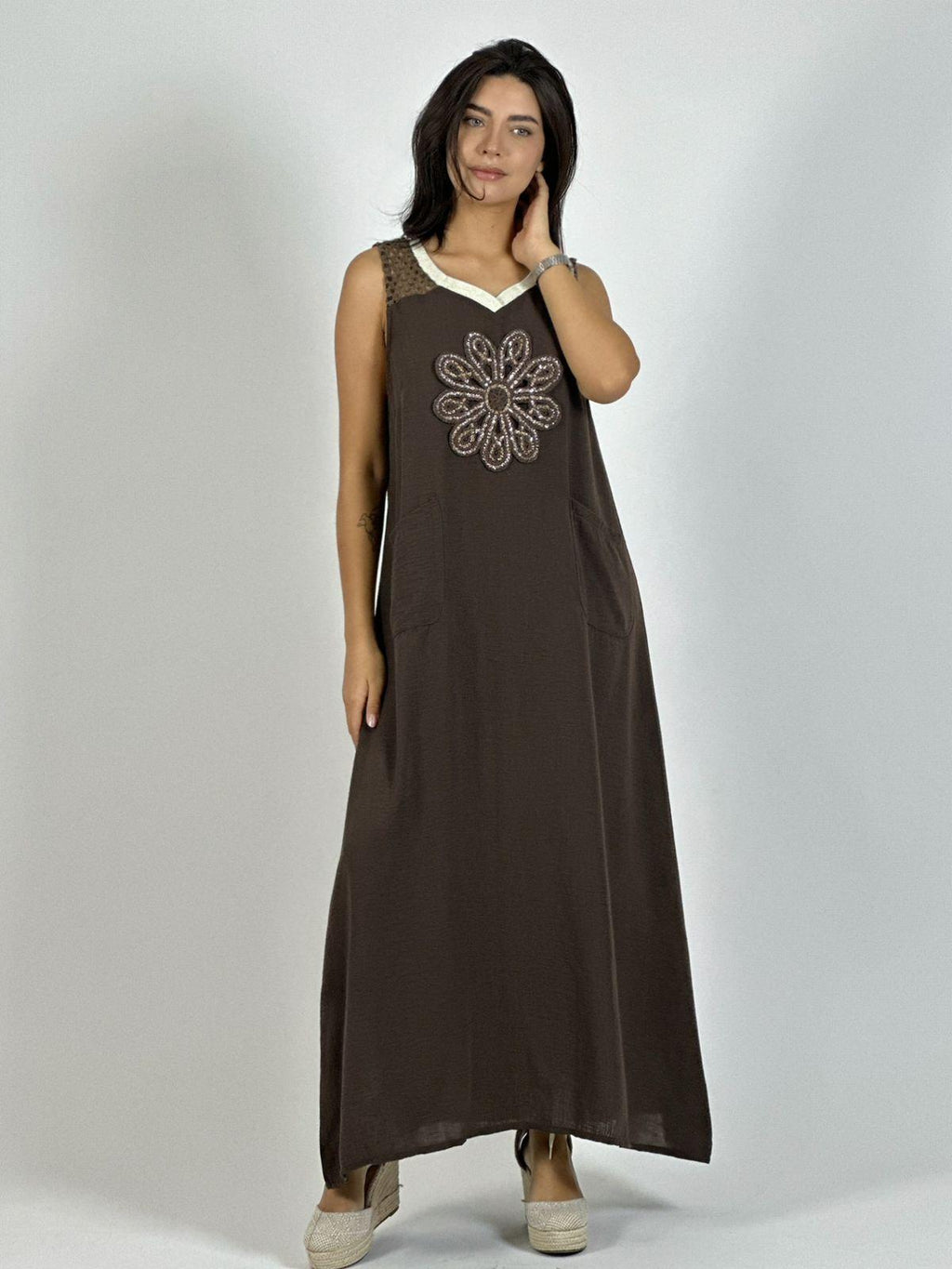 Vestido Lino Hombros Tejidos Flor