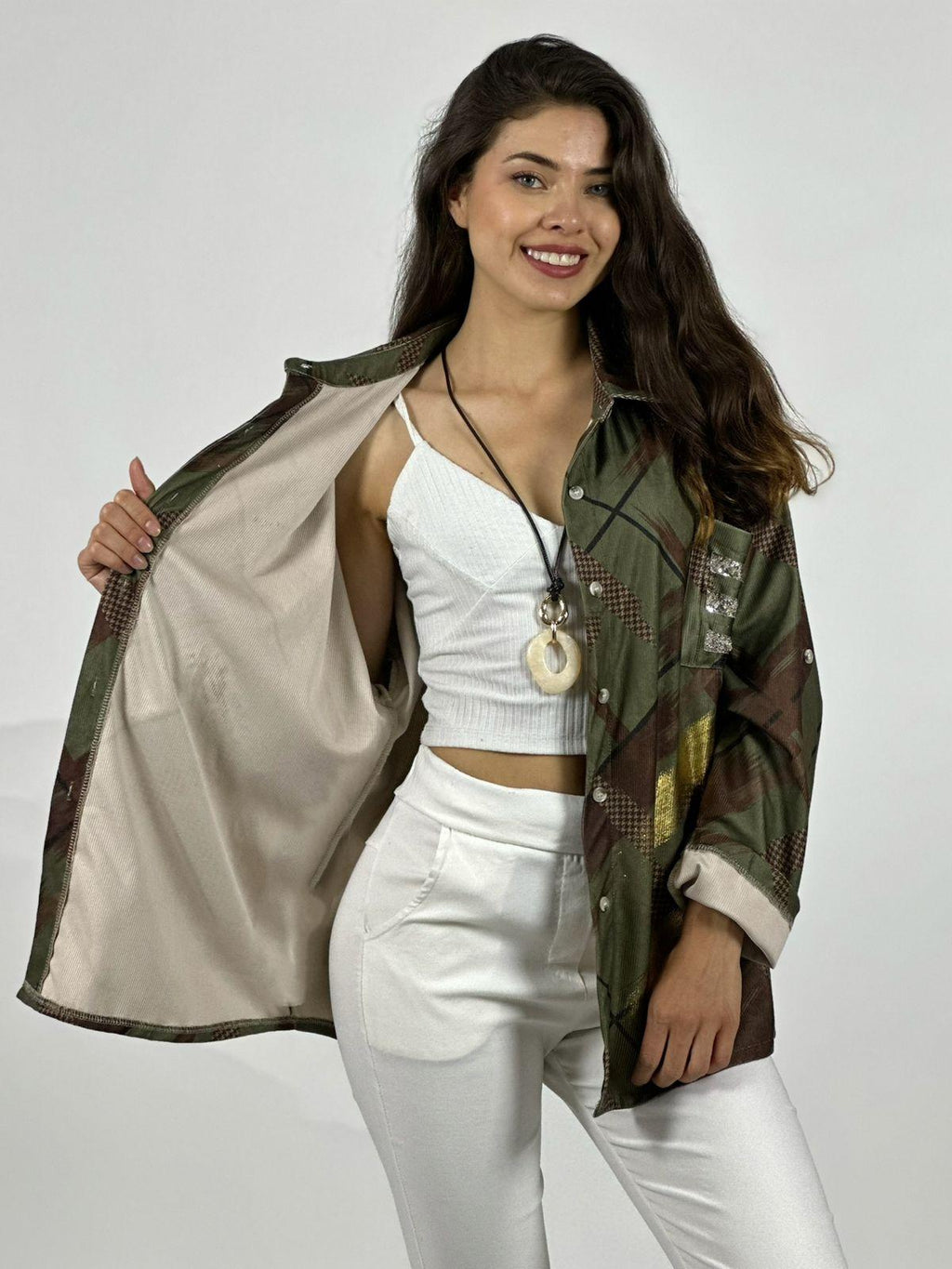 Camisa Cotelé Líneas y Brillos Cruzados