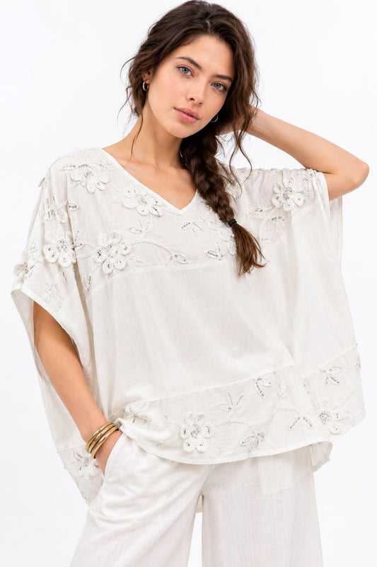 Polera Lino Flores Bordadas