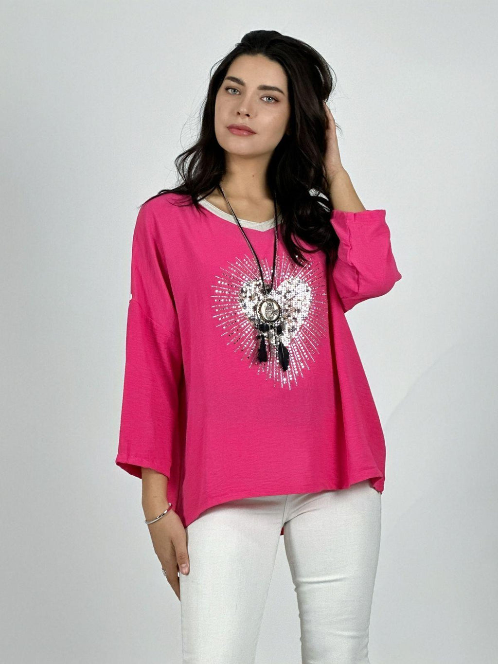 Polera Lino Corazon Print Con Brillos