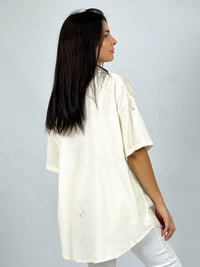 Blusa Lino con Flores Bordes Brillantes