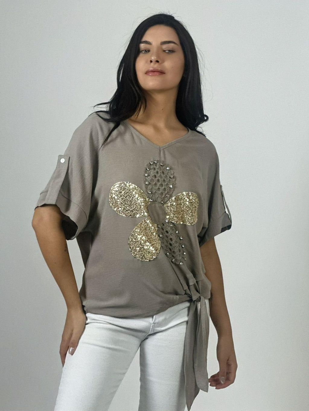 Polera Crepé Flor y Dorso Tejido