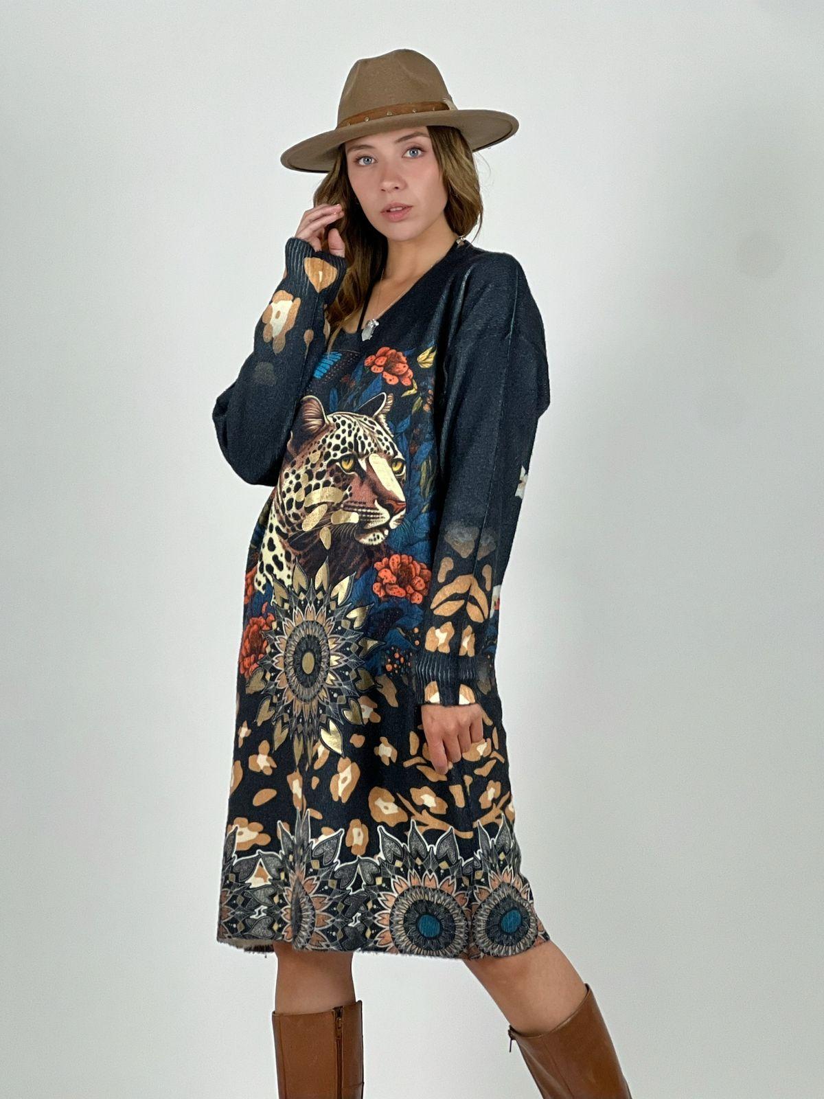 Vestido Lanilla Animal Print con Mariposas