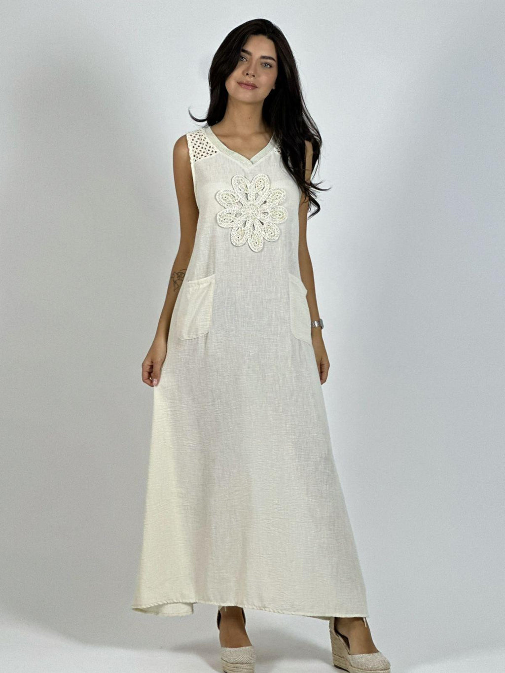 Vestido Lino Hombros Tejidos Flor