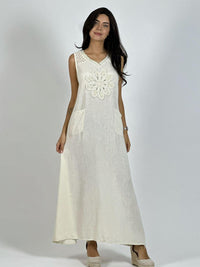 Vestido Lino Hombros Tejidos Flor