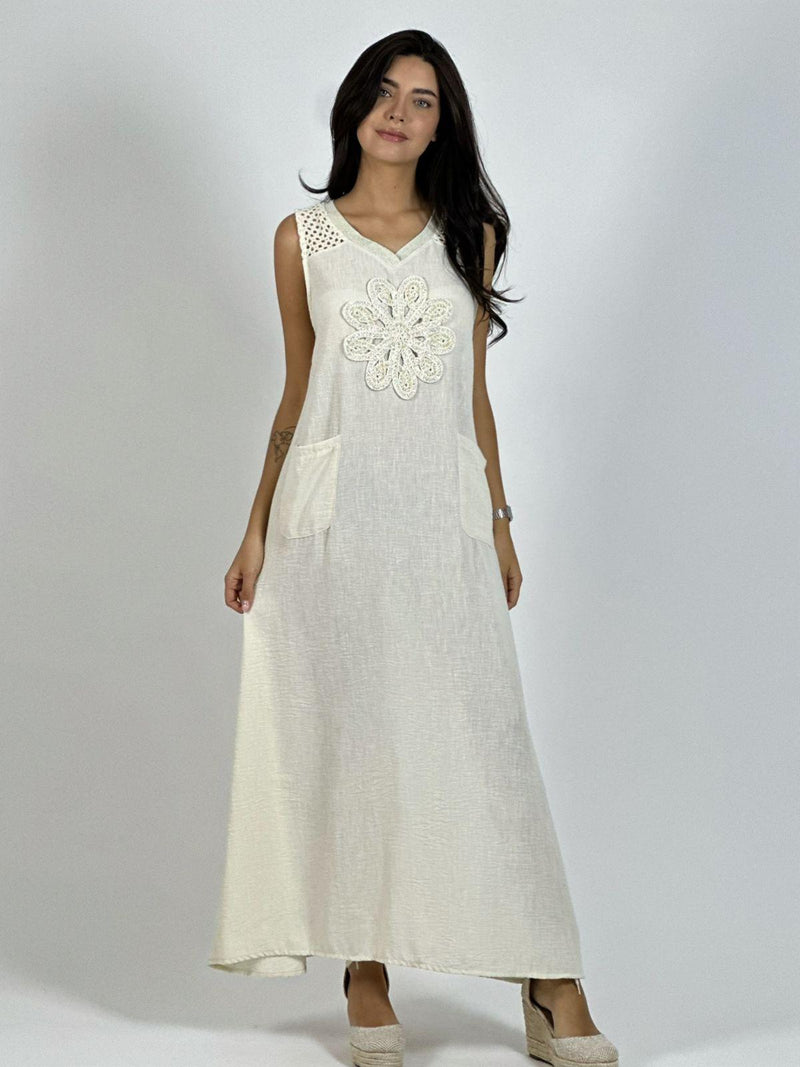 Vestido Lino Hombros Tejidos Flor