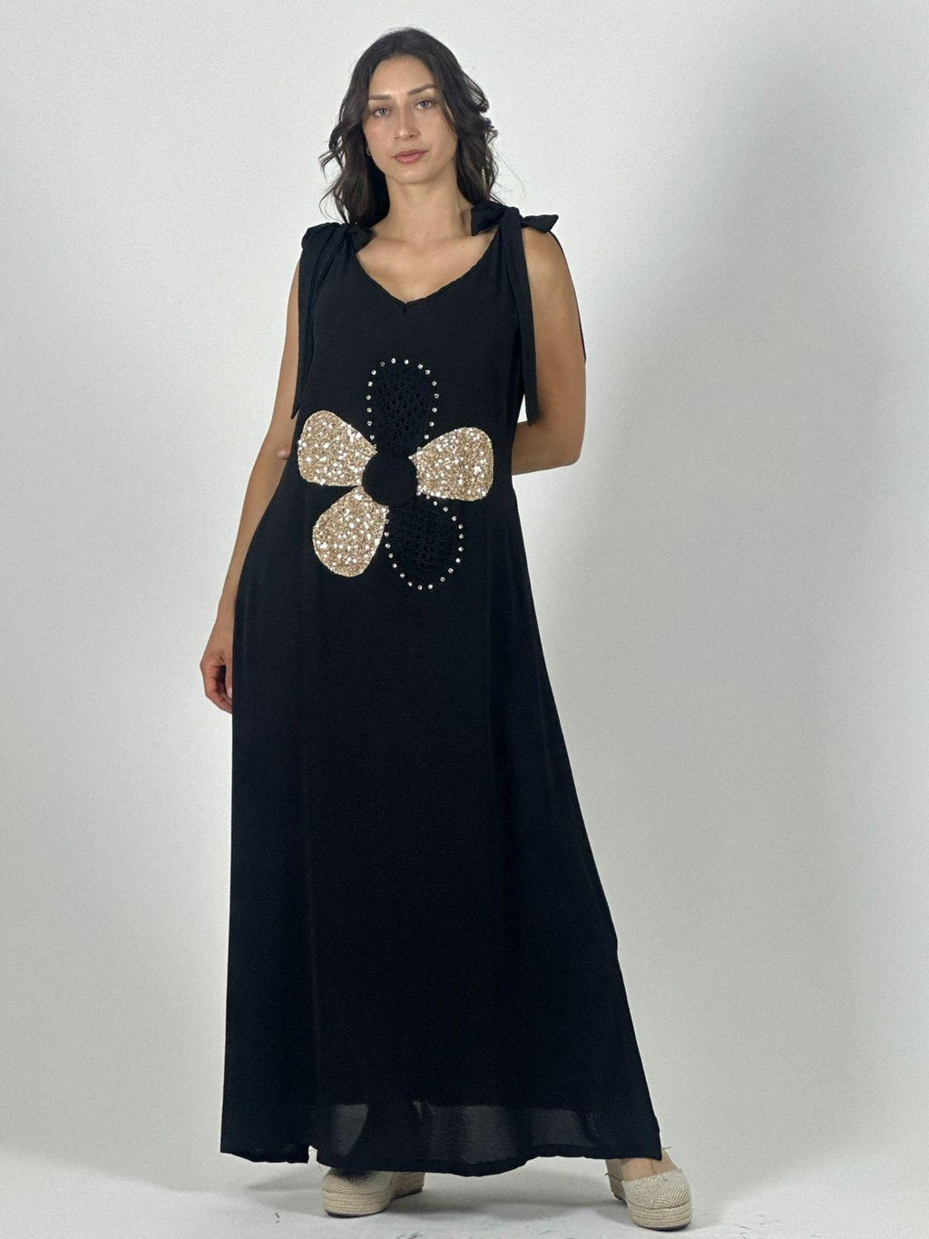 Vestido Lino Flor Brillos