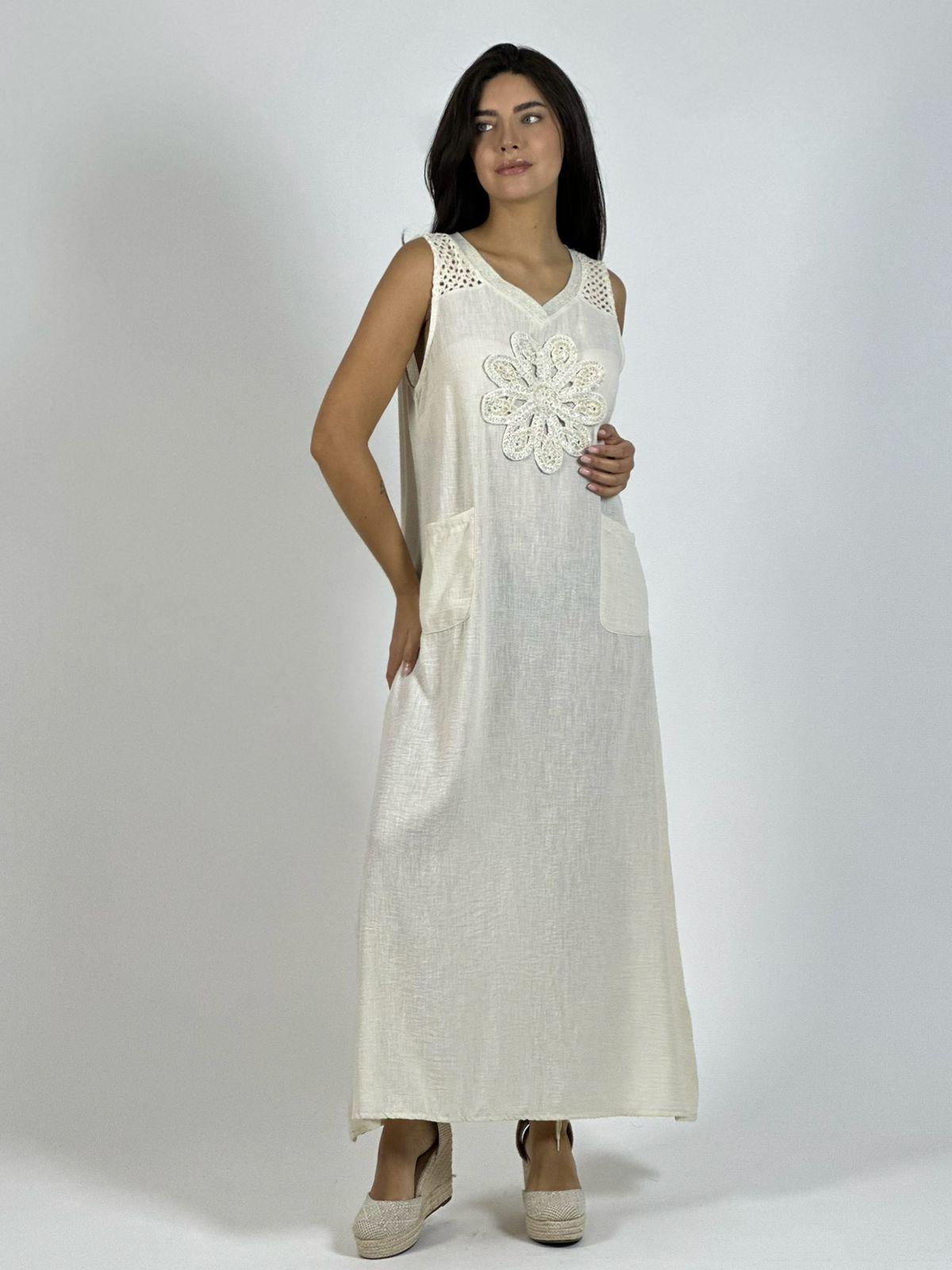 Vestido Lino Hombros Tejidos Flor