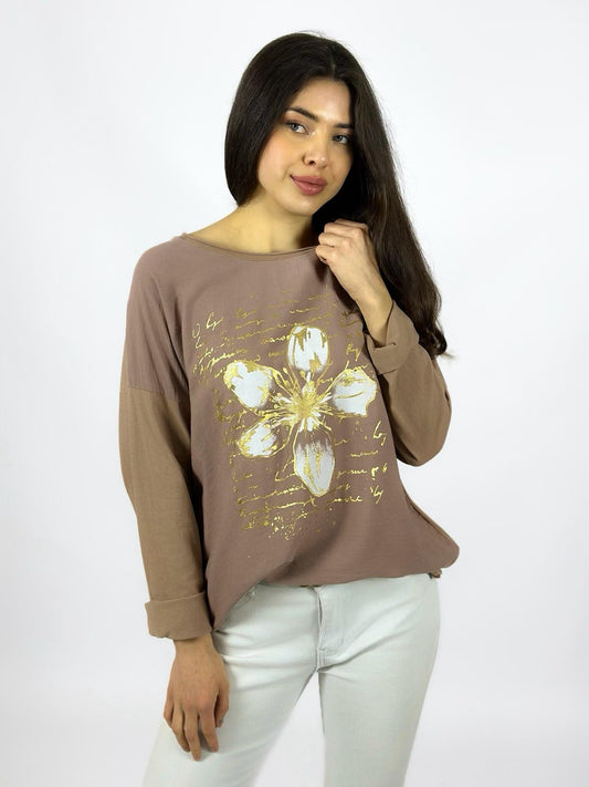Polera Flor y Letras Brillantes