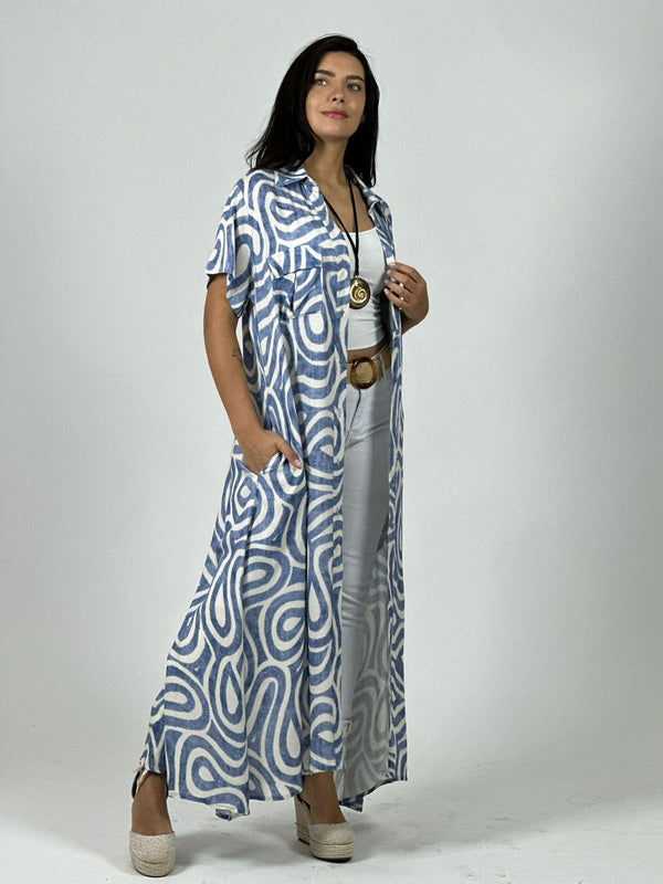 Vestido Viscosa Abotonado Estampado Ondas