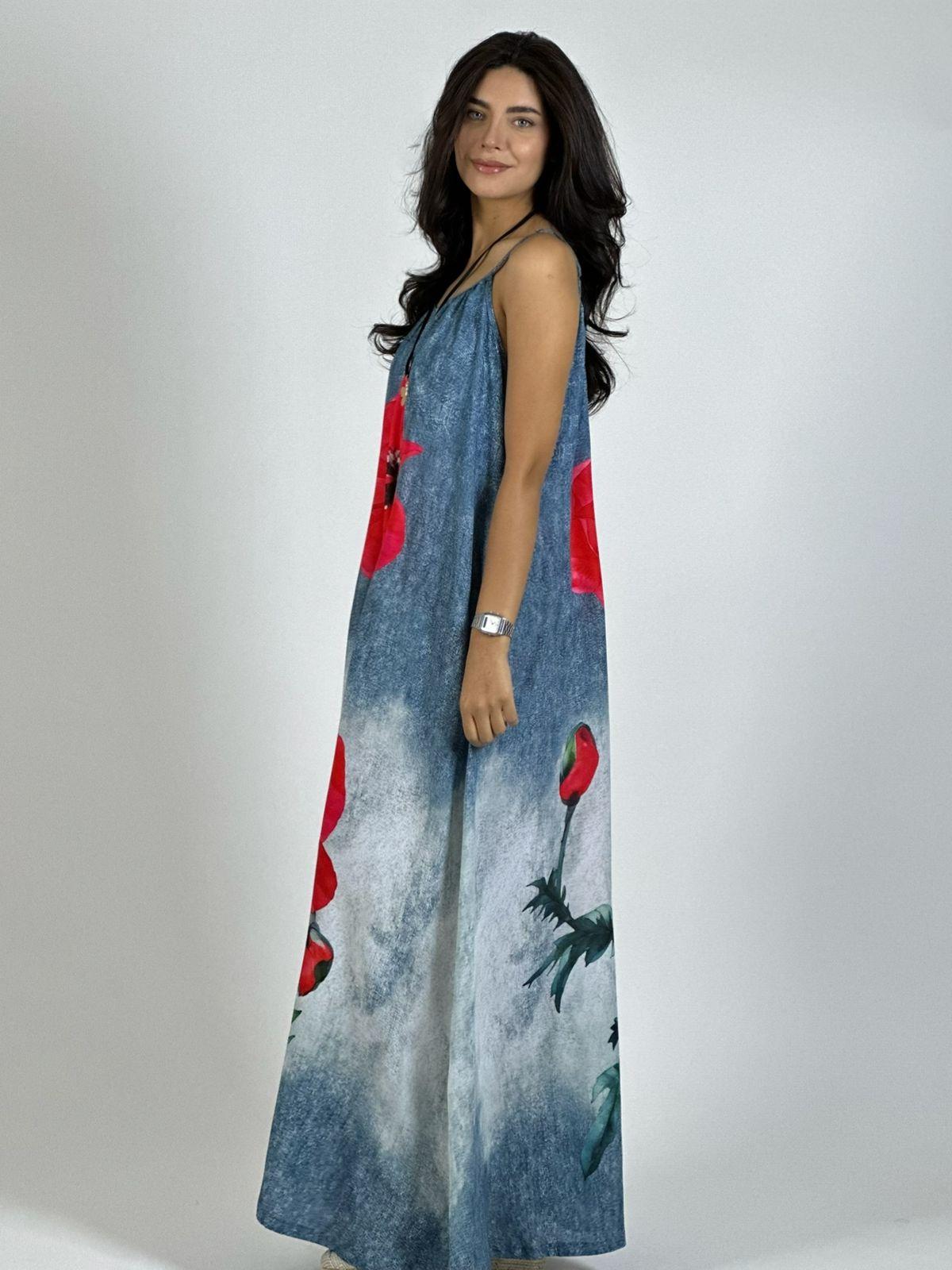 Vestido Mezclilla Delgada Con Flores Cayena