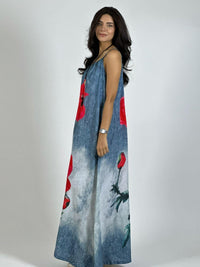 Vestido Mezclilla Delgada Con Flores Cayena