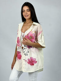 Blusa Lino con Flores Bordes Brillantes
