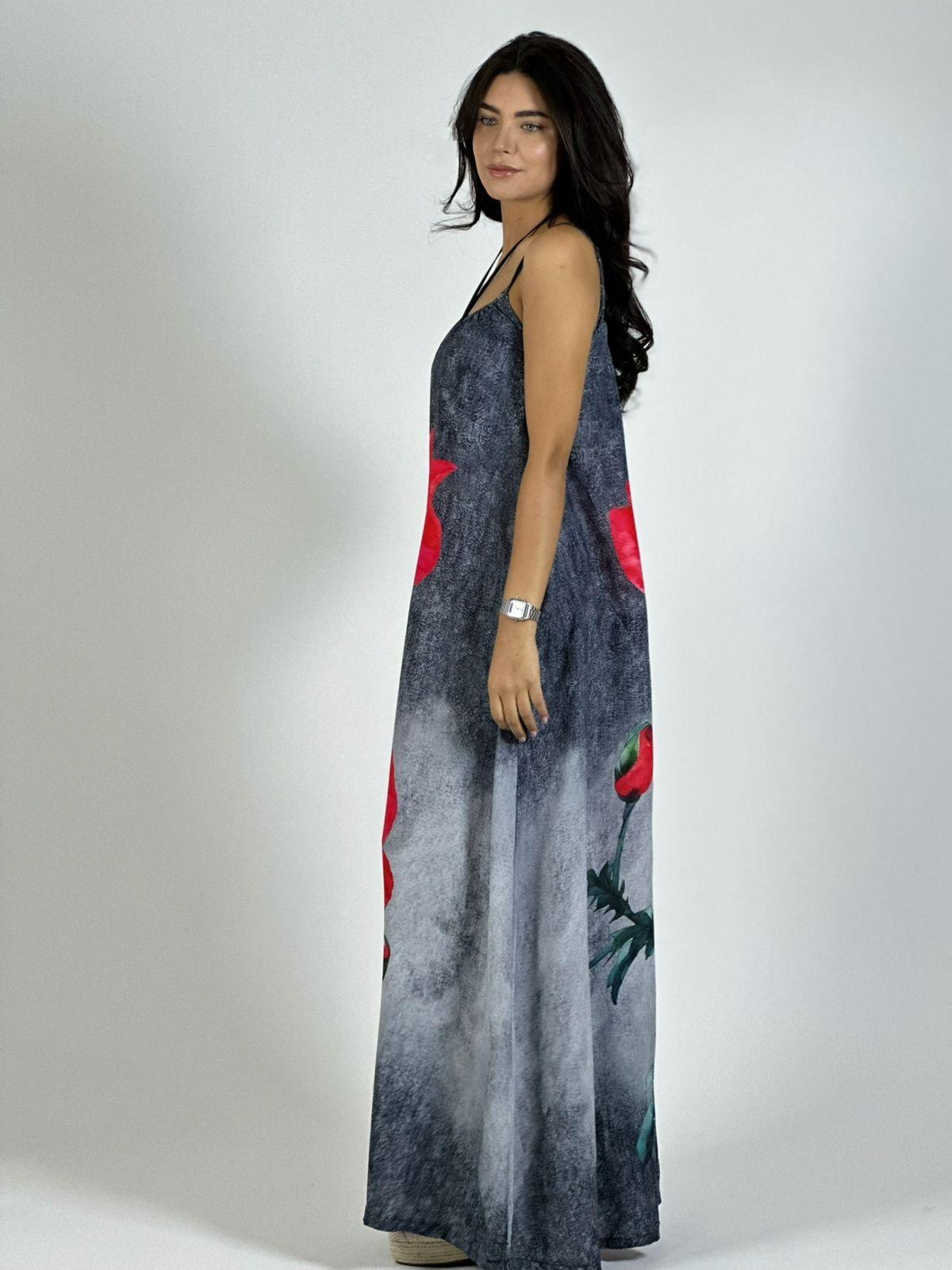 Vestido Mezclilla Delgada Con Flores Cayena