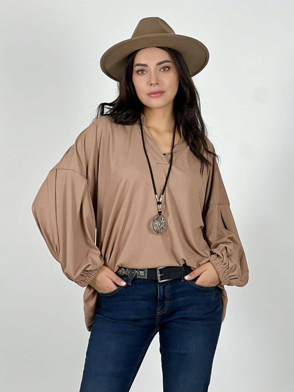 Blusa Cuello V Mangas Globo