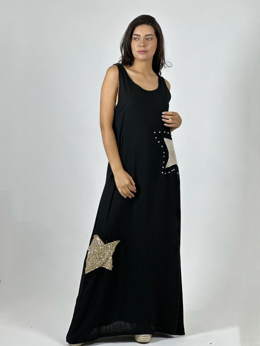 Vestido Lino Estrellas Tejidas con Brillos