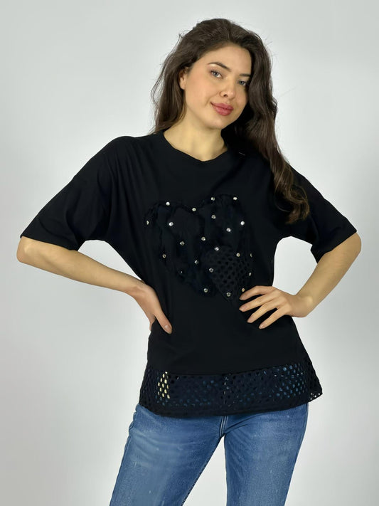 Polera Algodón Corazones Con Tachas