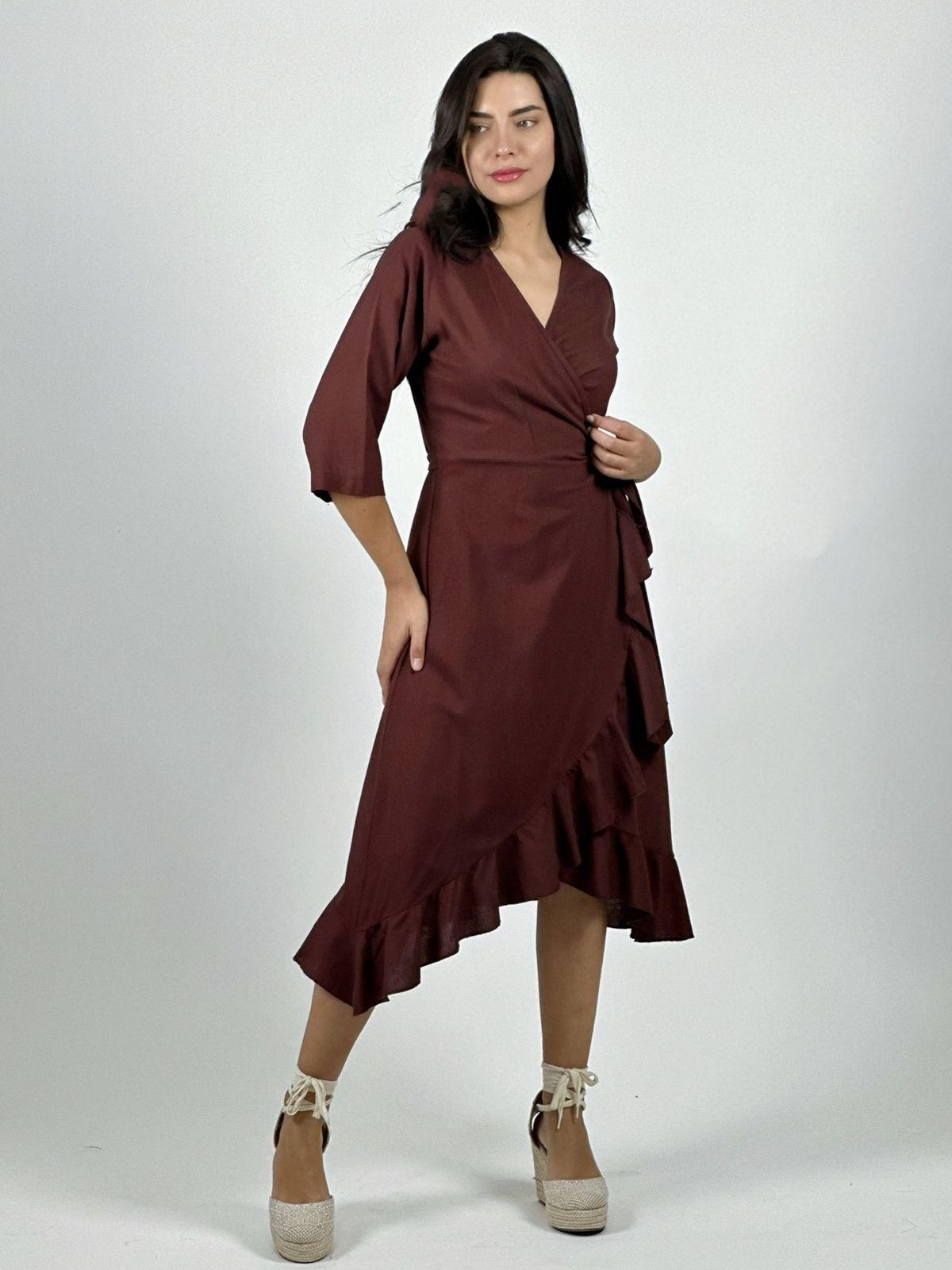 Vestido Lino Amarre Cruzado Con Vuelos