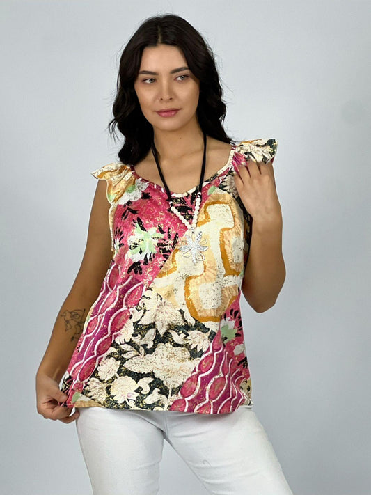 Polera Satín Brillos con Flores