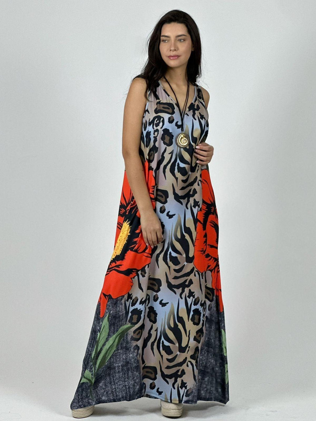 Vestido Crepé Animal Print con Flor