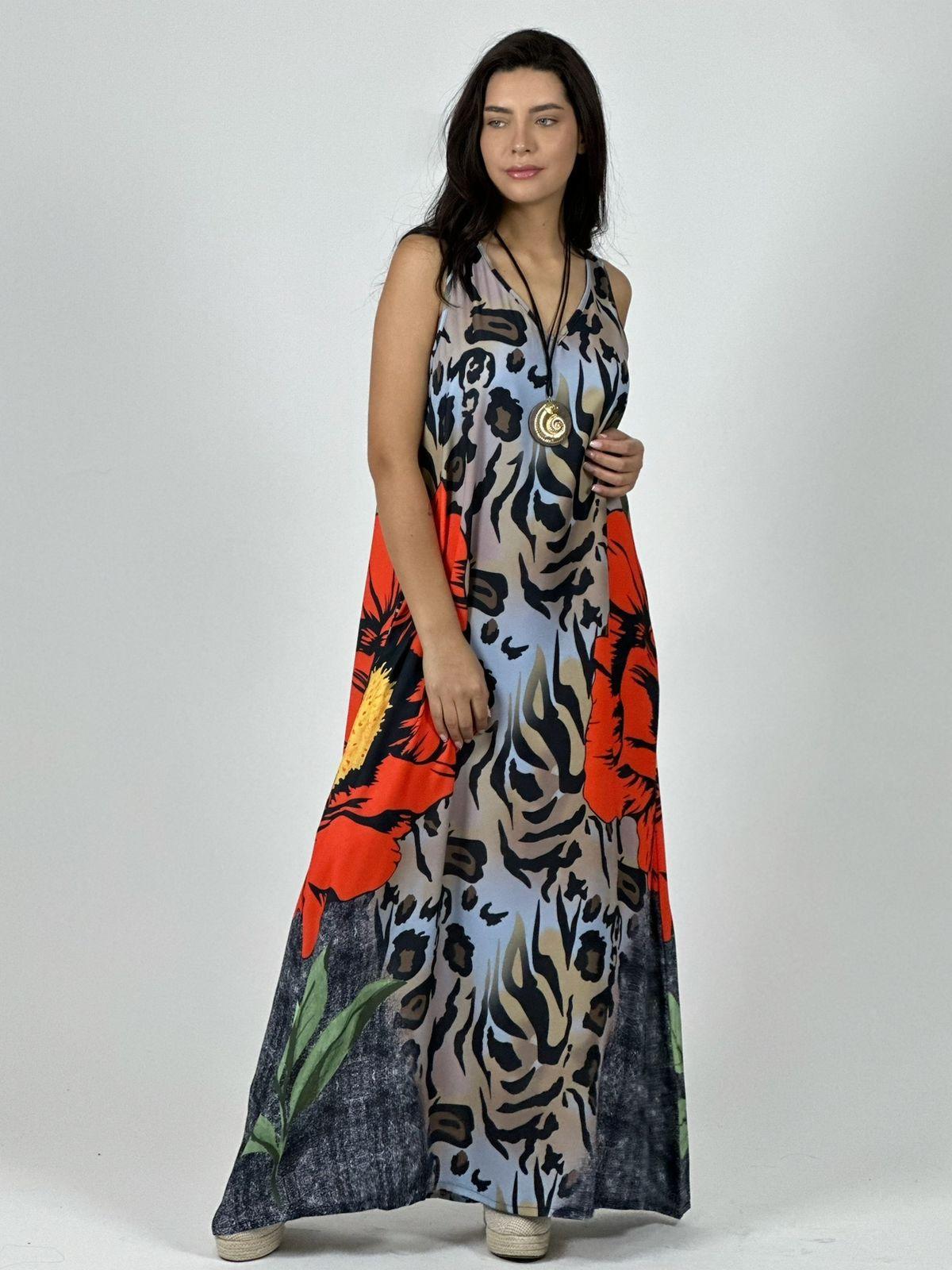 Vestido Crepé Animal Print con Flor