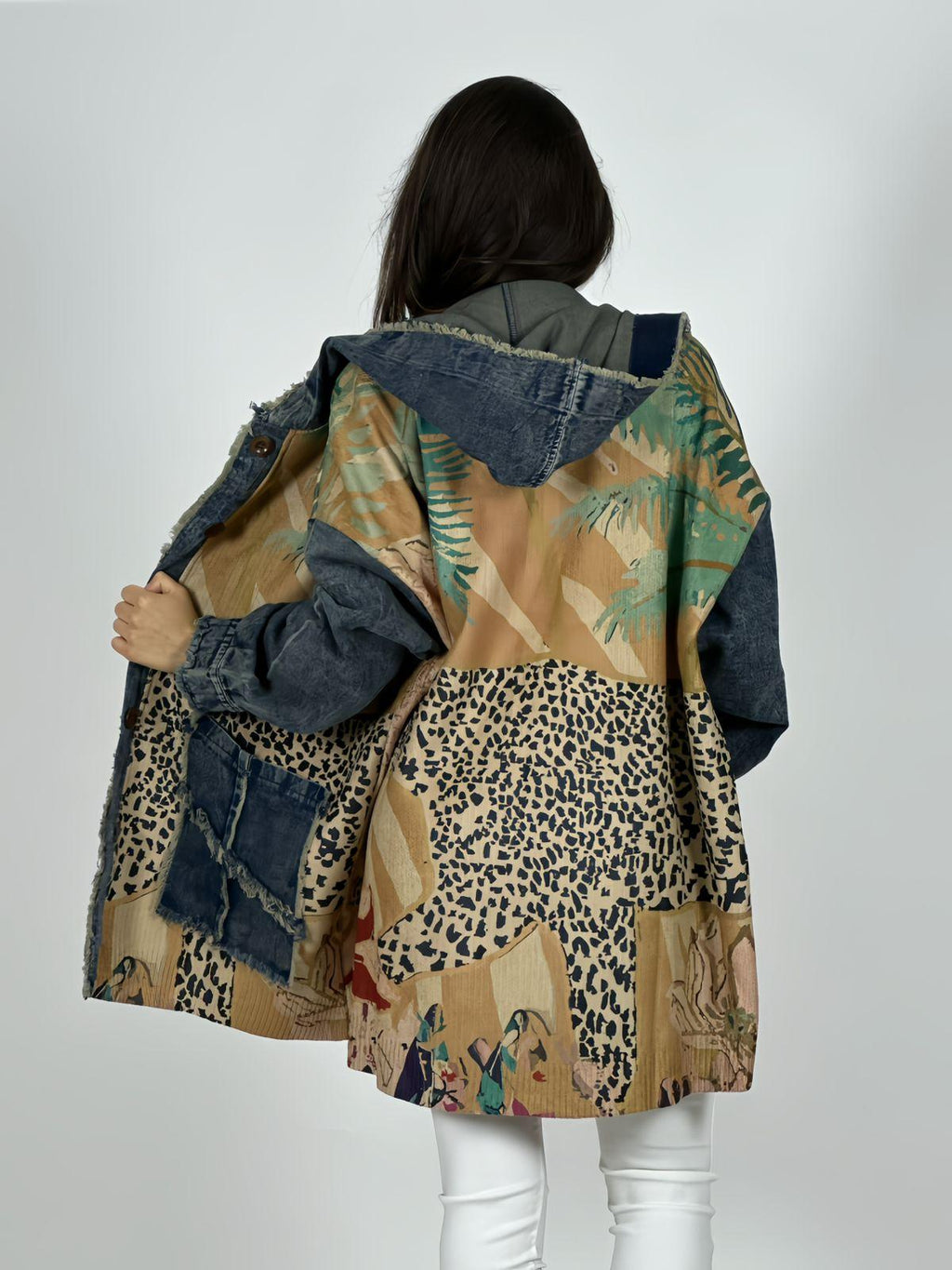 Abrigo Italiano Lana/Mezclilla Hojas y Leopardo