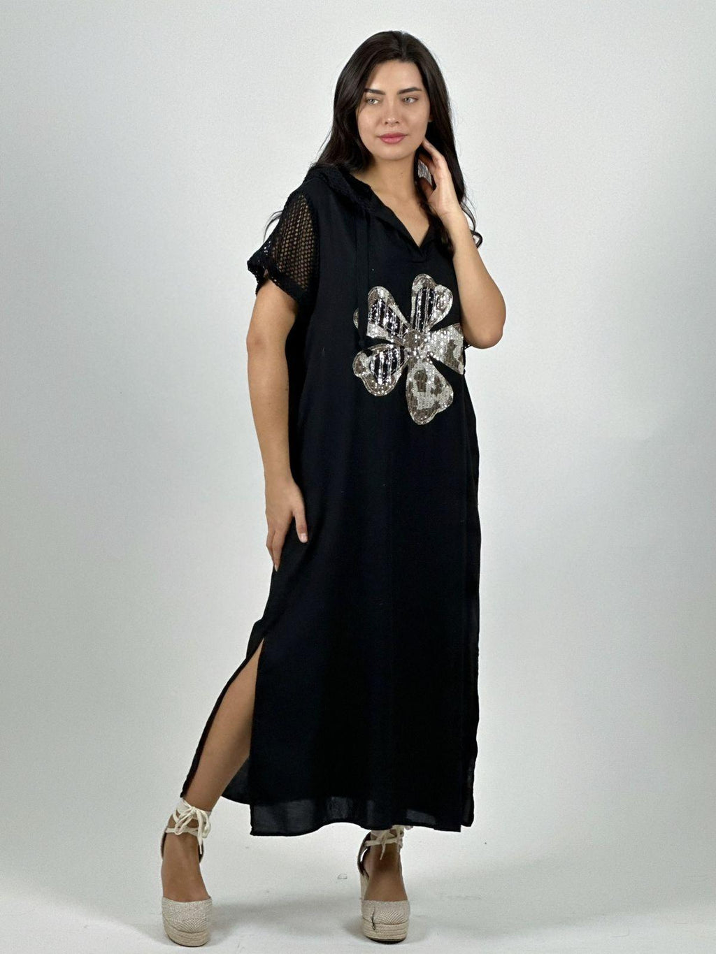 Vestido Largo Crepé Flor Brillos