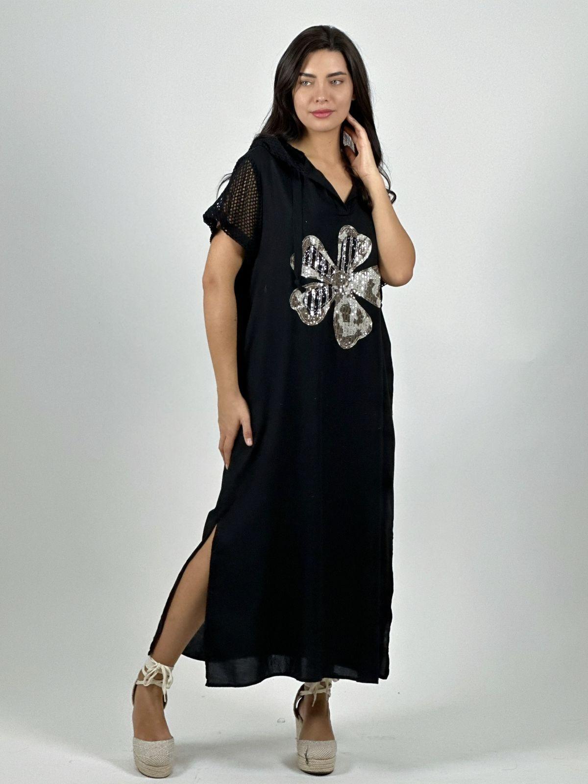 Vestido Largo Crepé Flor Brillos