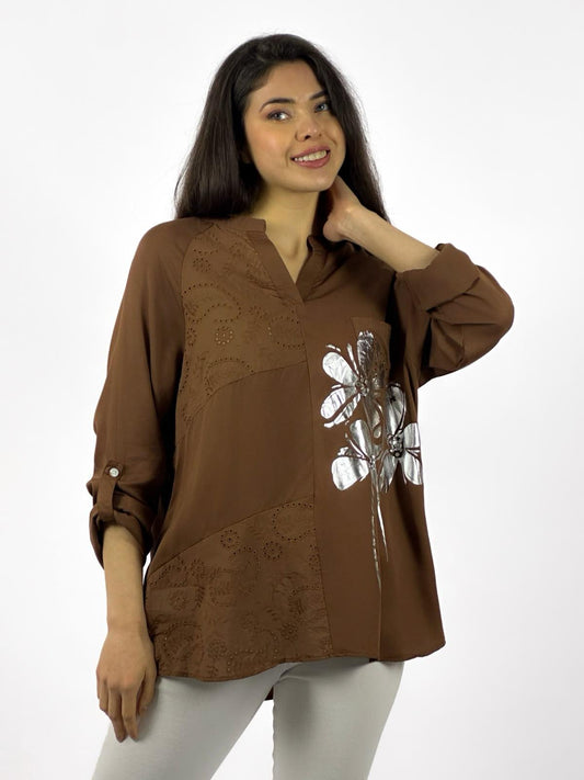 Blusa Diseño Broderi Flor Plateada