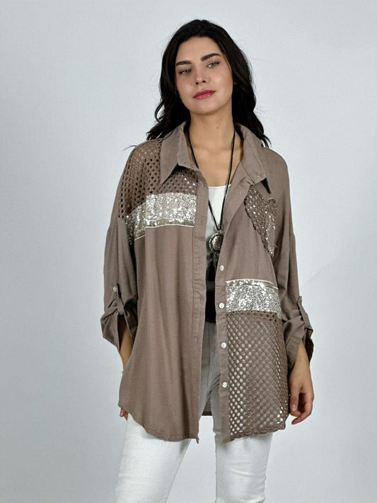 Blusa Lino Broderi con Brillos y Corazón