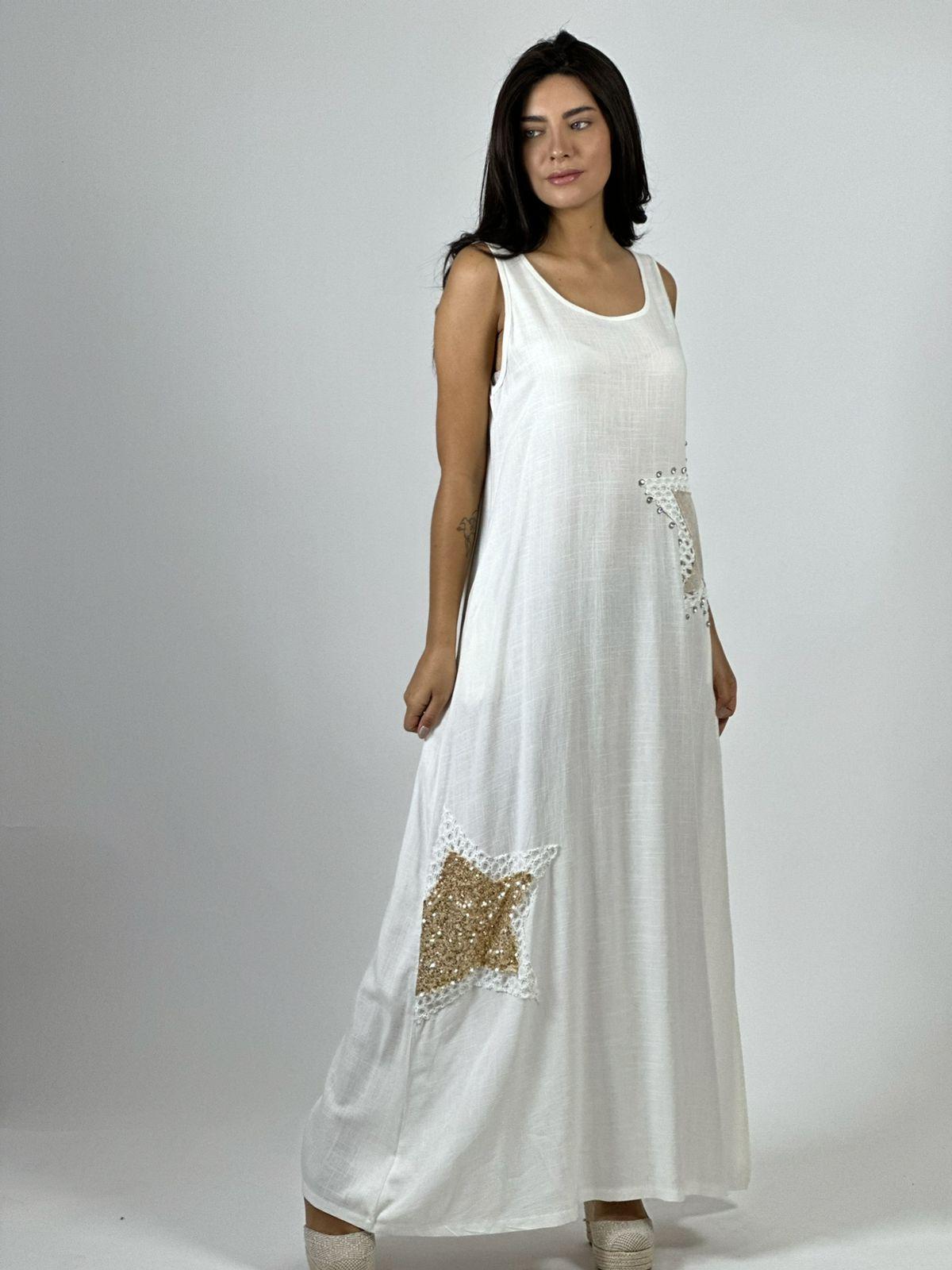 Vestido Lino Estrellas Tejidas con Brillos