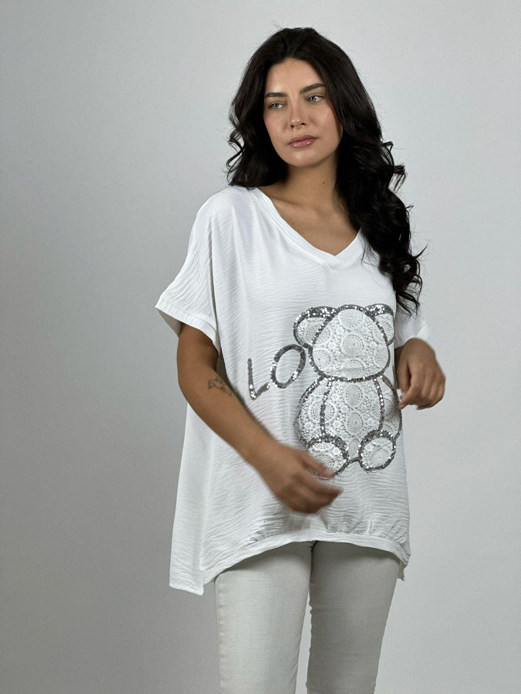 Polera Crepé Oso Brederi con Brillos