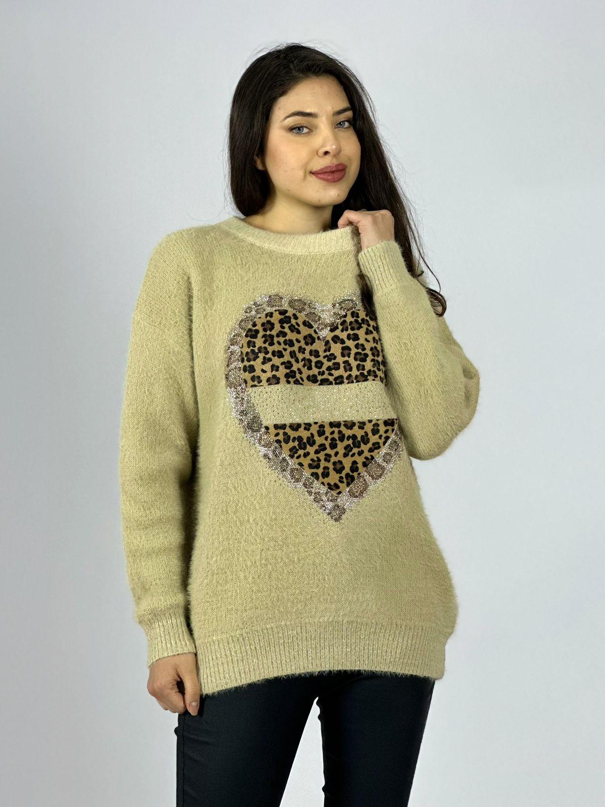 Sweater Cashmere Corazón Print con Brillos