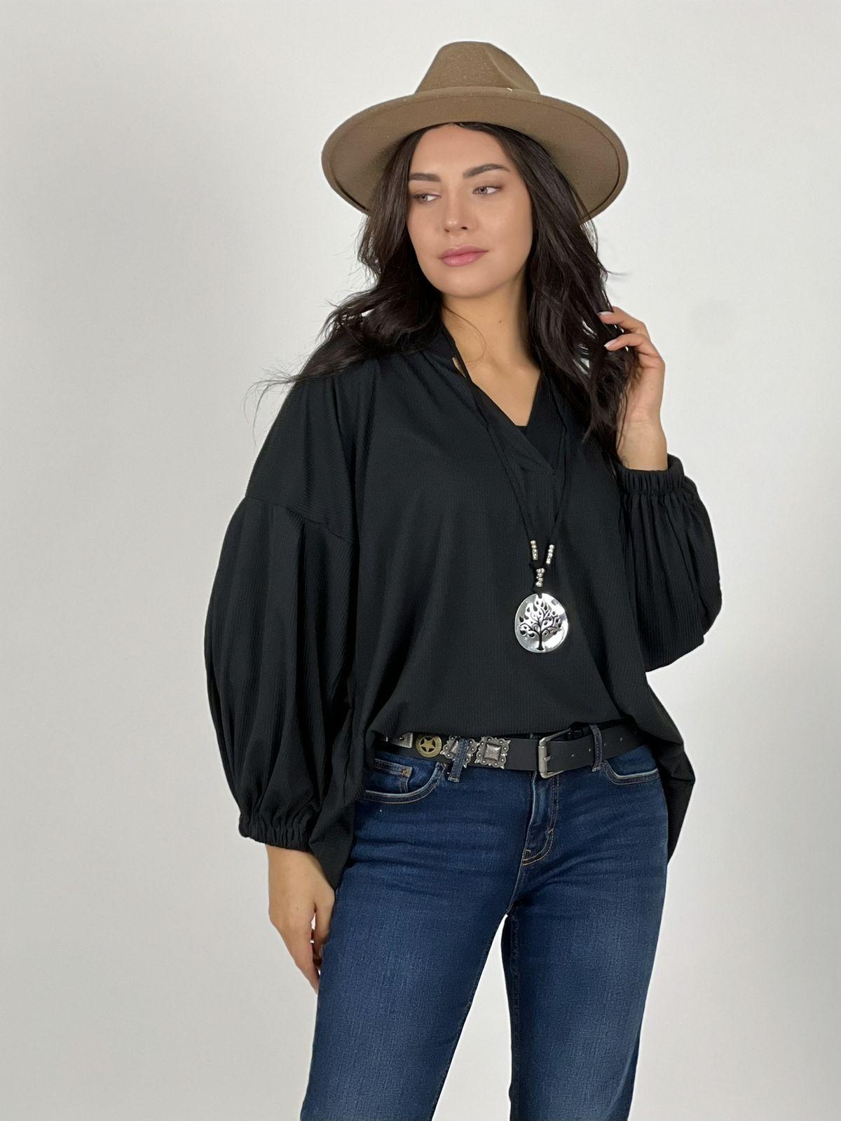 Blusa Cuello V Mangas Globo