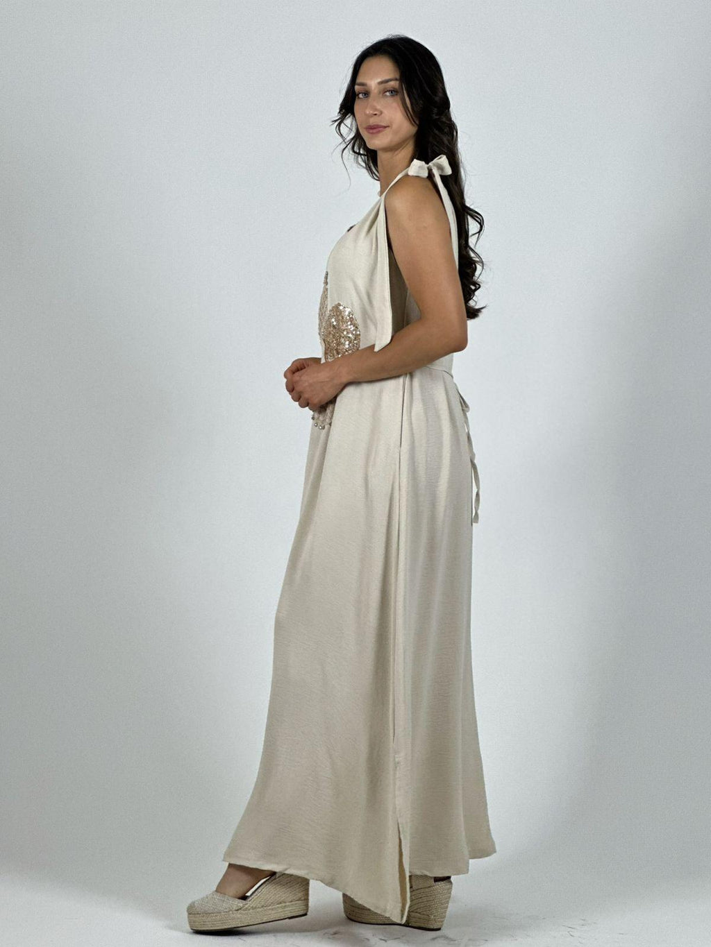 Vestido Lino Flor Brillos