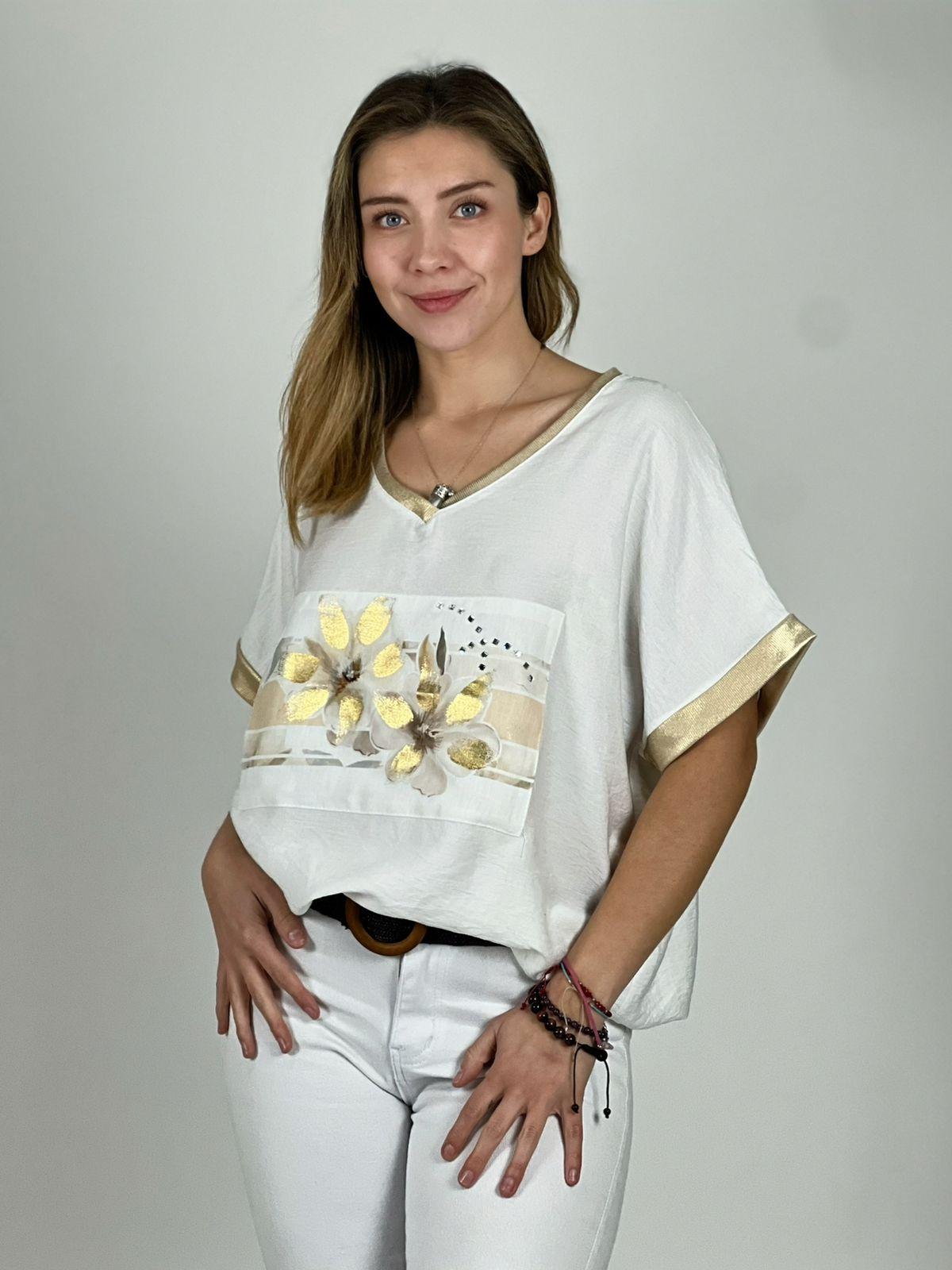 Polera Italiana  Diseño Camelias Doradas