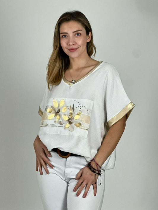 Polera Italiana  Diseño Camelias Doradas