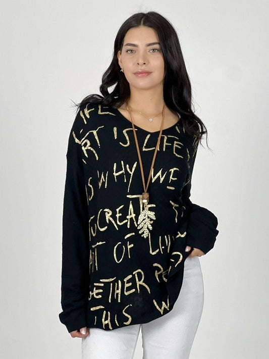 Sweater Spandex Letras Doradas Cuello V