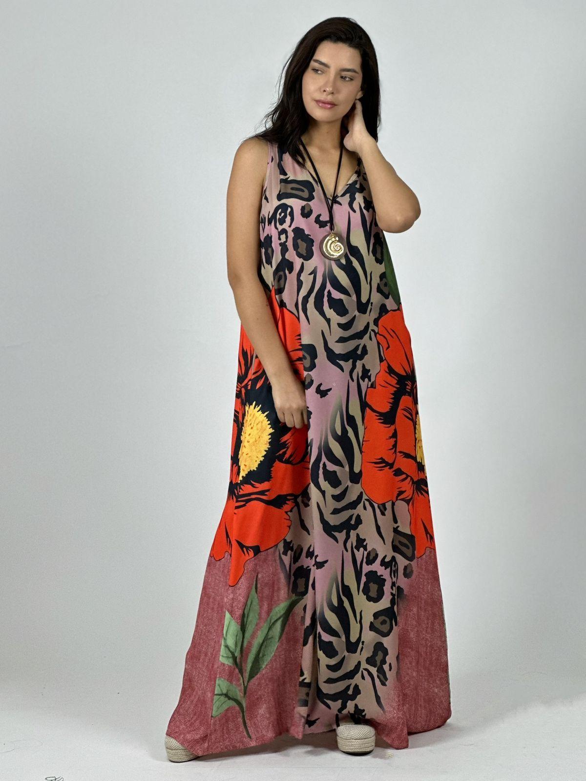 Vestido Crepé Animal Print con Flor