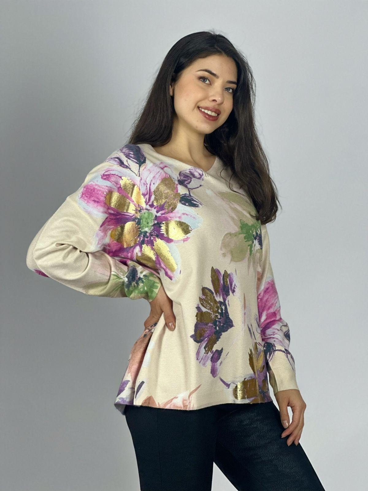 Sweater Spandex Estampado Floral con Brillo