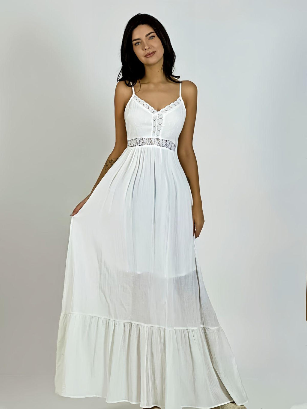 Vestido Crepé Torso Encaje