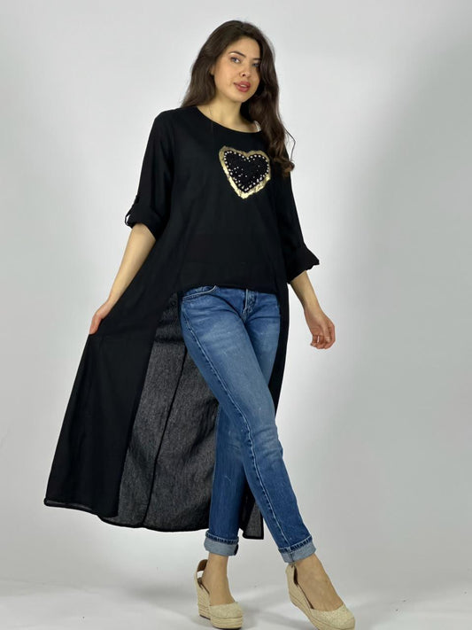 Blusa Lino Con Cola Corazón Brillante