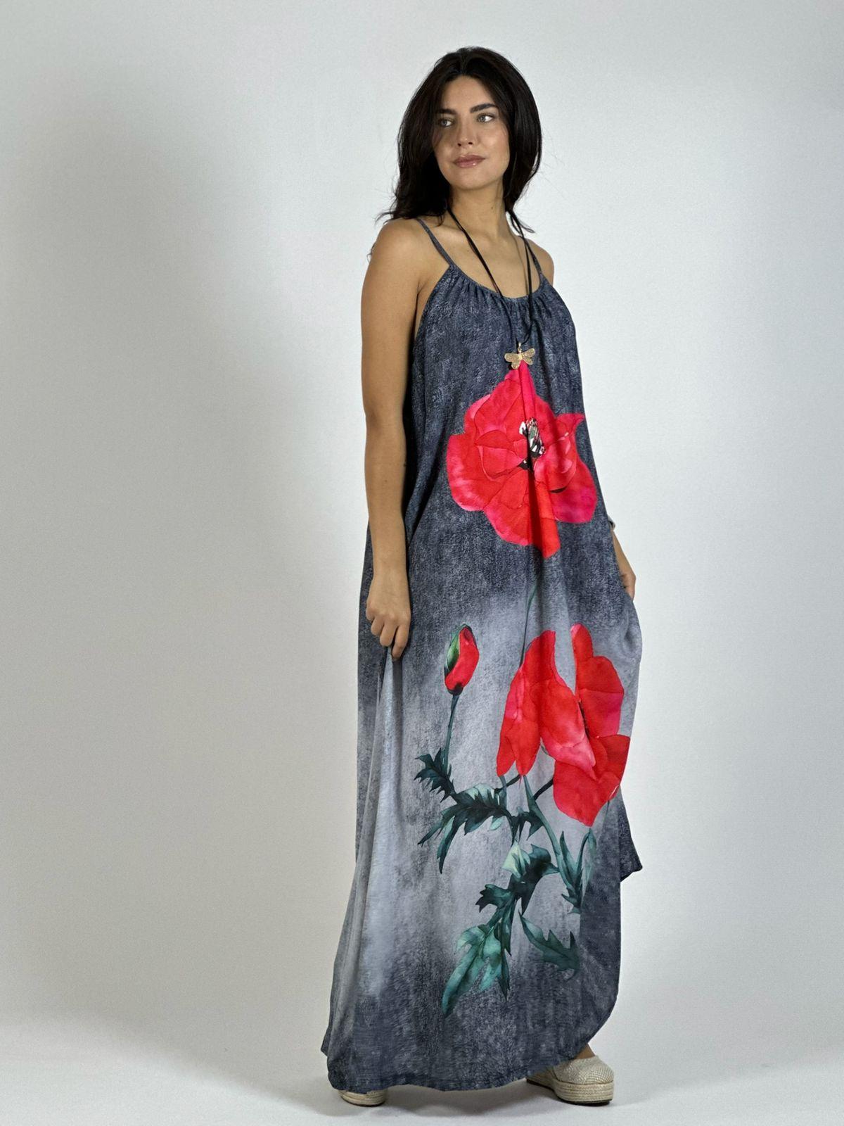 Vestido Mezclilla Delgada Con Flores Cayena