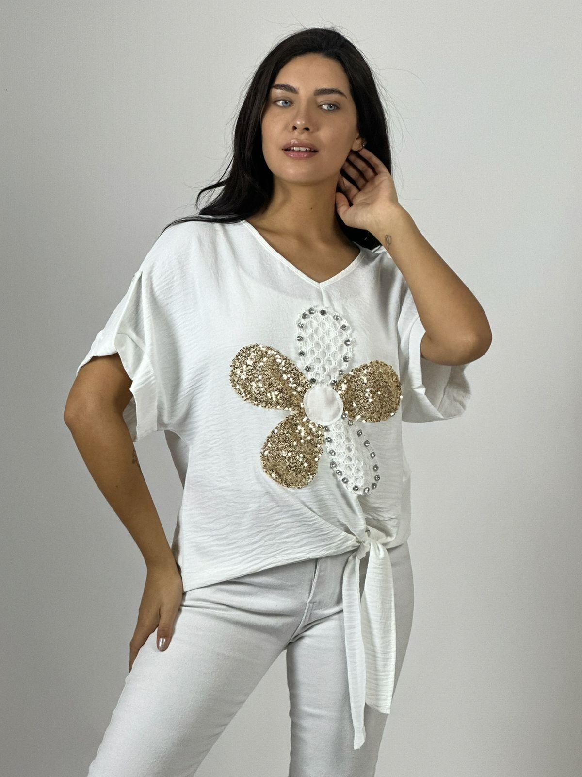 Polera Crepé Flor y Dorso Tejido