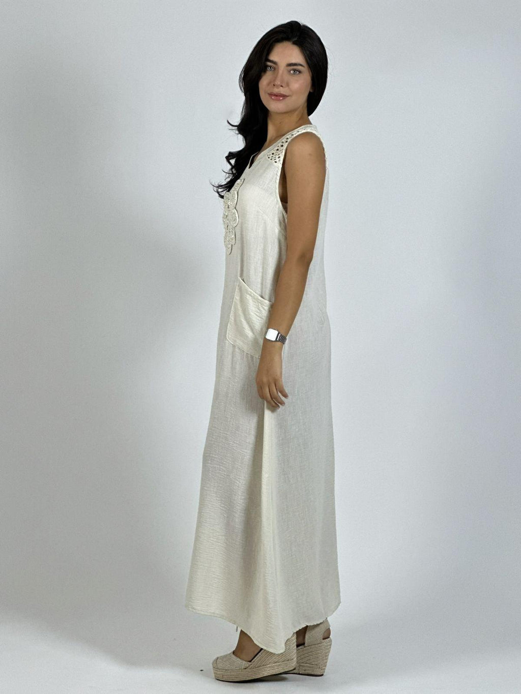 Vestido Lino Hombros Tejidos Flor