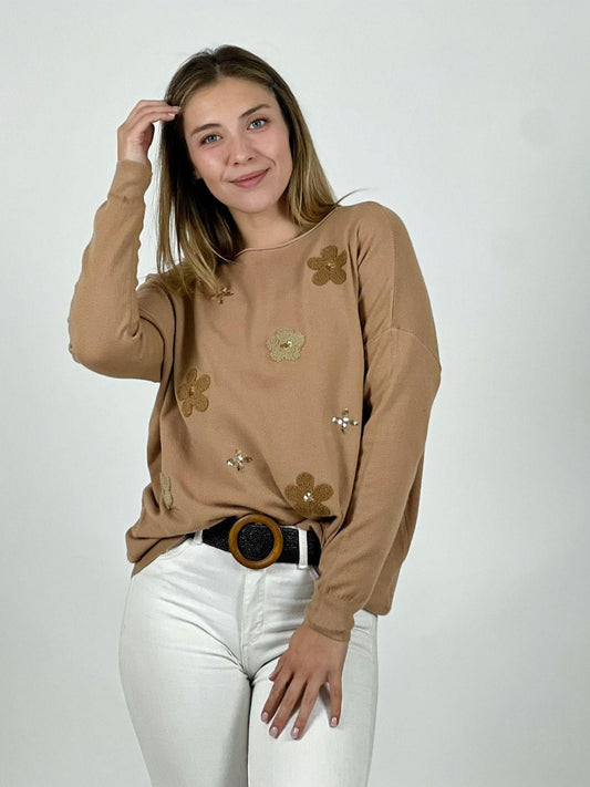 Sweater Spandex Relieve Flores y Lentejuelas