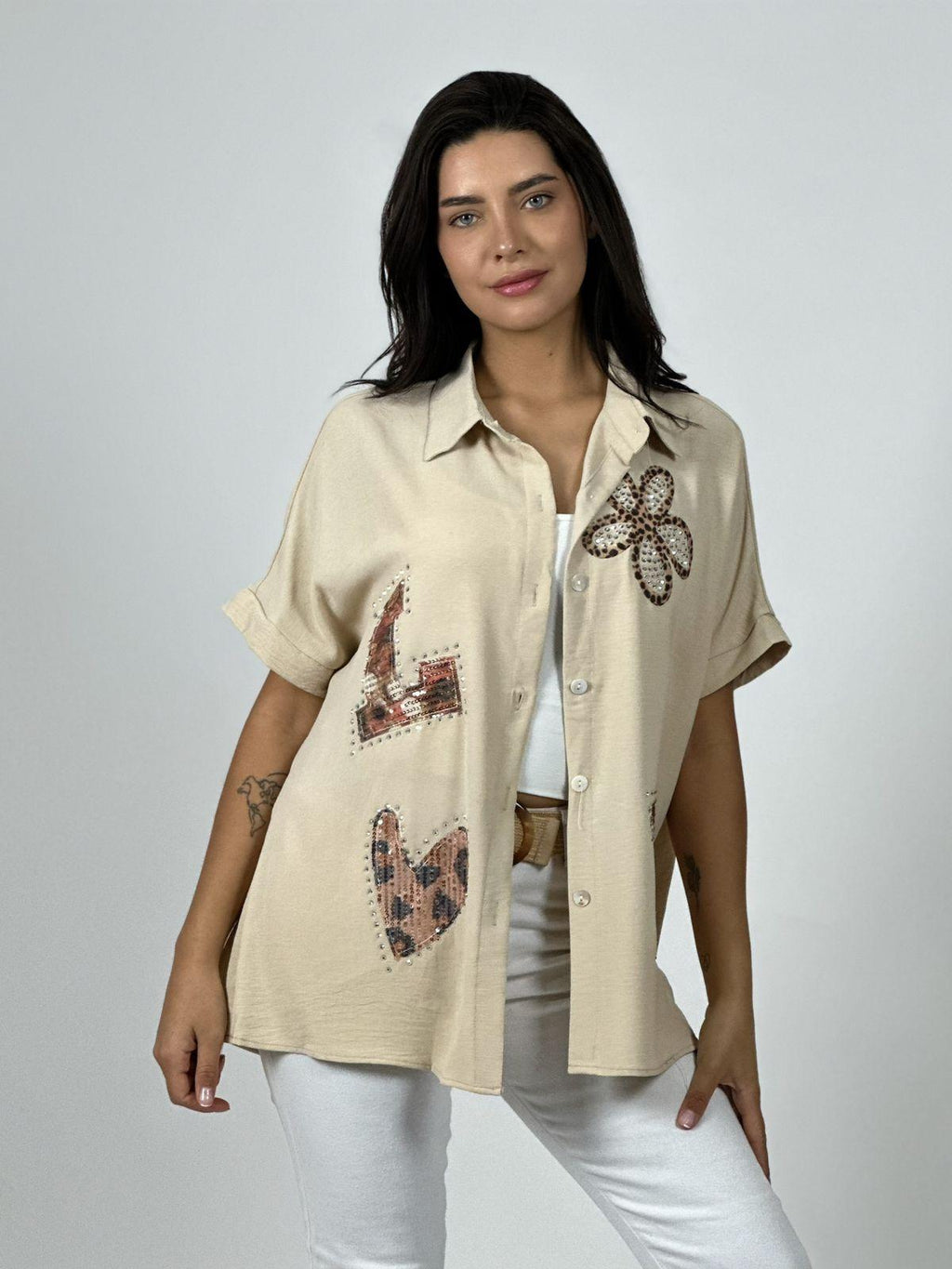Blusa Crepé Love Print Chic con Brillos