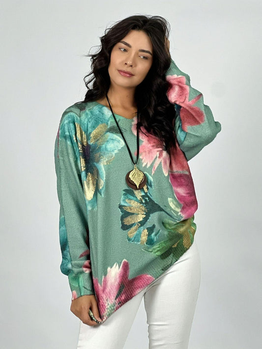 Sweater Cashmere Estampado Con Flores